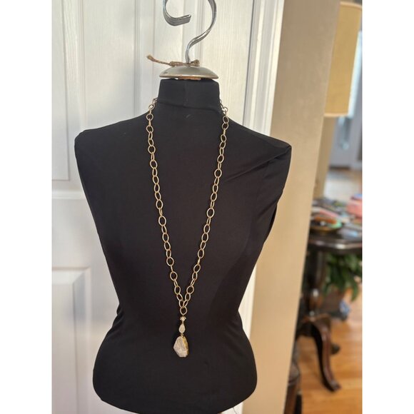 Gold-Tone Chain Necklace With Raw Quartz Pendant & Pearl Accent - Picture 14 of 14